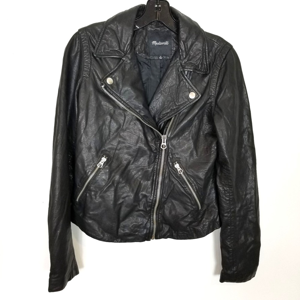 Madewell Washed Leather Motorcycle Jacket Women Sz M Black Asymmetrical Zip